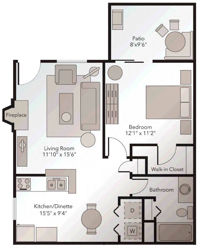 Floor plan for 1 bed, 1 bath, 600 sqft